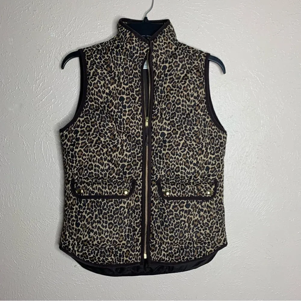 J.crew quilted puffer vest zip up leopard brown‎